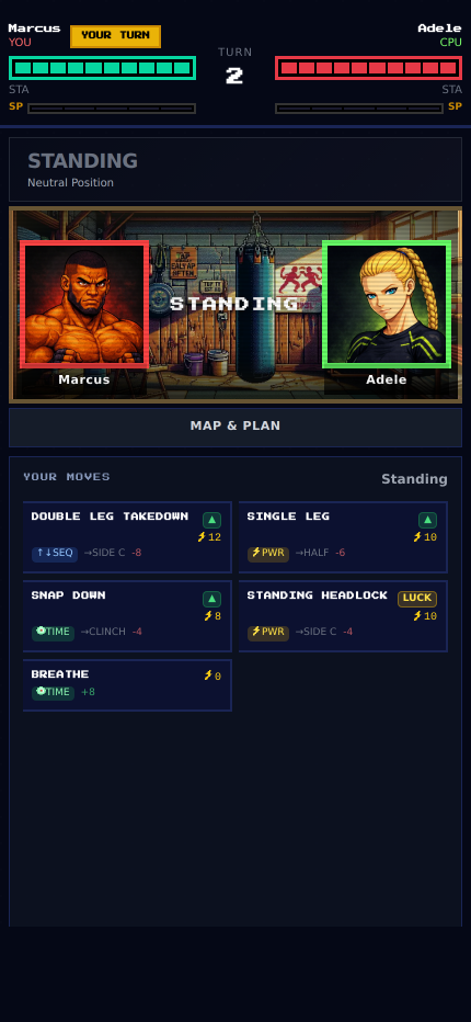 LOCKDOWN turn-based fight screen — Marcus vs Adele