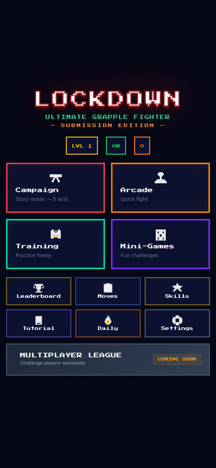 LOCKDOWN main menu — Campaign, Arcade, Training, Mini-Games